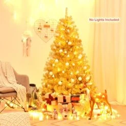 Tangkula Artificial Tinsel Christmas Tree Hinged Decoration Tree Champagne Gold