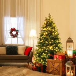 Tangkula Hinged Life-Like Christmas Tree W/ LED Lights Pre-Lit Artificial Xmas Tree W/ PE & PVC Leaves -Outlet Xmas Decor Tree Store GUEST ea8565c4 21fa 434a 9492 a1aecf903ad7