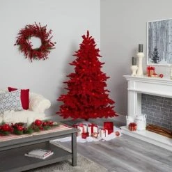 6ft Nearly Natural Pre-Lit Red Flocked Fraser Fir Artificial Christmas Tree Red Lights -Outlet Xmas Decor Tree Store GUEST ec8cf80f 4082 44fa 8ce8 9d77bd5a8b2c