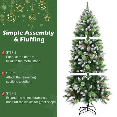 Costway 5ft6ft7.5ft Unlit Snowy Hinged Artificial Christmas Pencil Tree w/ Red Berries 9 Costway 5ft6ft7.5ft Unlit Snowy Hinged Artificial Christmas Pencil Tree w/ Red Berries - Image 7