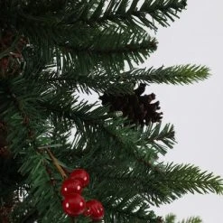 LuxenHome 5Ft Pre-Lit LED Artificial Slim Pine Christmas Tree with Pine Cones, Berries, and Red Wood Planter -Outlet Xmas Decor Tree Store GUEST f239d9b0 c517 4b7d bddf d5793221729e