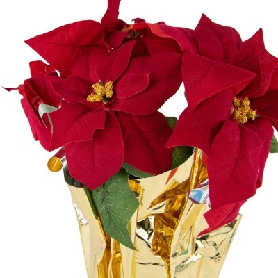 Northlight 16" Red Artificial Christmas Poinsettia Arrangement with Gold Wrapped Pot 5 Northlight 16" Red Artificial Christmas Poinsettia Arrangement with Gold Wrapped Pot - Image 4
