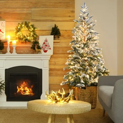 Tangkula 6ft Artificial Snow Flocked Pencil Christmas Tree Pre-Lit Faux-Pine Tree W/250 Warm White LED Lights 7 Tangkula 6ft Artificial Snow Flocked Pencil Christmas Tree Pre-Lit Faux-Pine Tree W/250 Warm White LED Lights - Image 5