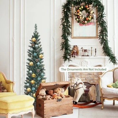 Tangkula 5/6/7FT Slim Pencil Tree Snowy Artificial Christmas Tree with 214/267/351 PVC Branch Tips & 25/31/41 Pine Cones Full Holiday Decoration Tree for Xmas 9 Tangkula 5/6/7FT Slim Pencil Tree Snowy Artificial Christmas Tree with 214/267/351 PVC Branch Tips & 25/31/41 Pine Cones Full Holiday Decoration Tree for Xmas - Image 7