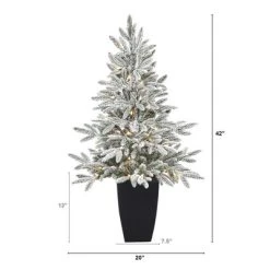 Nearly Natural 3.5-ft Flocked Manchester Spruce Artificial Christmas Tree with 50 Lights and 133 Bendable Branches in Metal Planter
