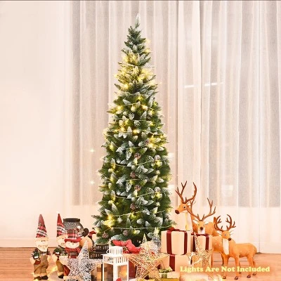 Tangkula 6FT Artificial Pencil Christmas Tree Snow Flocked Tree w/ Pine Cones and Metal stand 3 Tangkula 6FT Artificial Pencil Christmas Tree Snow Flocked Tree w/ Pine Cones and Metal stand