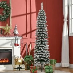 HOMCOM 6' Tall Unlit Snow Flocked Artificial Christmas Tree, Slim Pencil Xmas Tree with Realistic Branches and 395 Tips, Green -Outlet Xmas Decor Tree Store GUEST fa5149b0 43e5 4005 af80 c9f76d194e79