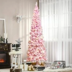 HOMCOM Prelit Snow Flocked Artificial Christmas Tree with Pencil Shape, Pine Realistic Branches, Warm White LED lights, Auto Open, Pink and White