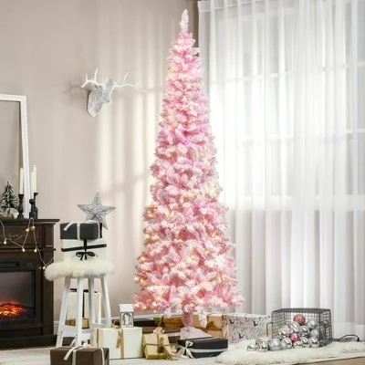 HOMCOM Prelit Snow Flocked Artificial Christmas Tree with Pencil Shape, Pine Realistic Branches, Warm White LED lights, Auto Open, Pink and White 3 HOMCOM Prelit Snow Flocked Artificial Christmas Tree with Pencil Shape, Pine Realistic Branches, Warm White LED lights, Auto Open, Pink and White