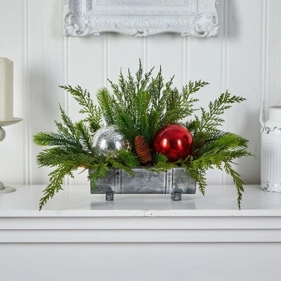 Nearly Natural 18-in Holiday Winter Cedar Pine Artificial Table Christmas Arrangement with Ornaments, Home Décor 6 Nearly Natural 18-in Holiday Winter Cedar Pine Artificial Table Christmas Arrangement with Ornaments, Home Décor - Image 4