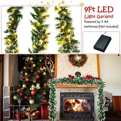 Costway 9ft Pre-lit Christmas Garland w/ Snow Flocked Tips Red Berries 50 Lights & Timer 6 Costway 9ft Pre-lit Christmas Garland w/ Snow Flocked Tips Red Berries 50 Lights & Timer - Image 4